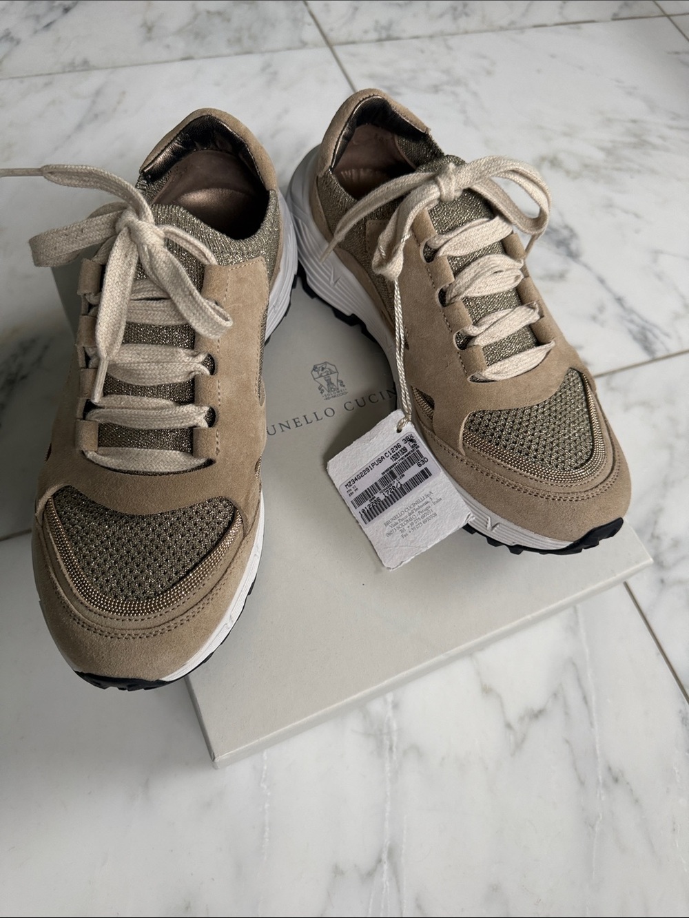 Brunello Cucinelli Taupe and White Suede Knit Sneakers
